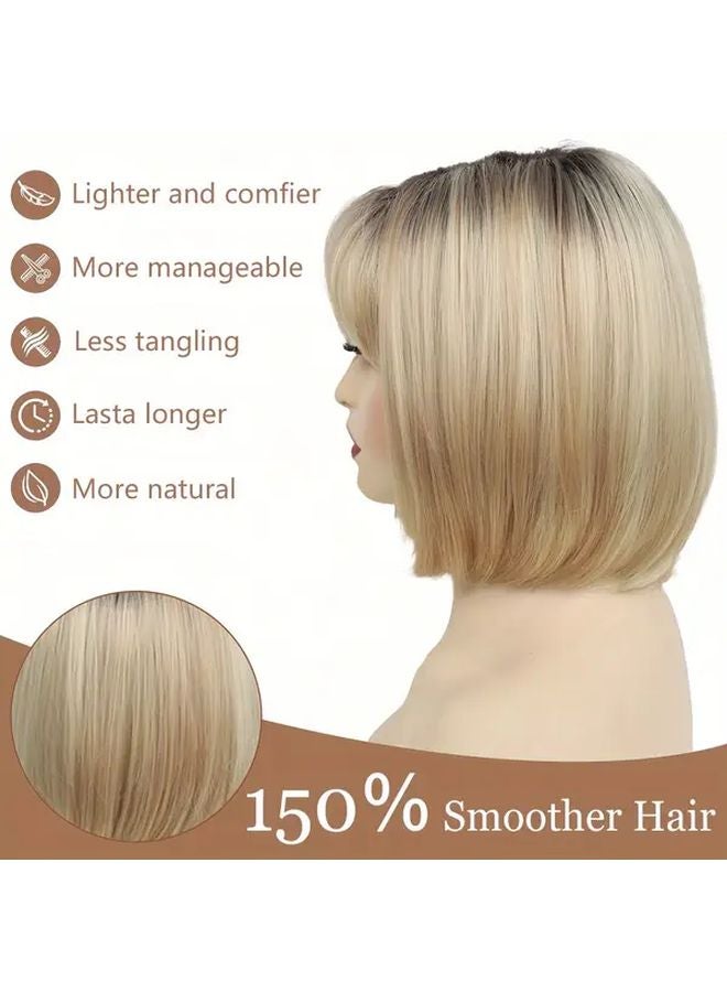 Brown Golden Blonde Short Wavy Bob Wig 12 Inch No Lace Glueless Heat Friendly Synthetic - Image 3